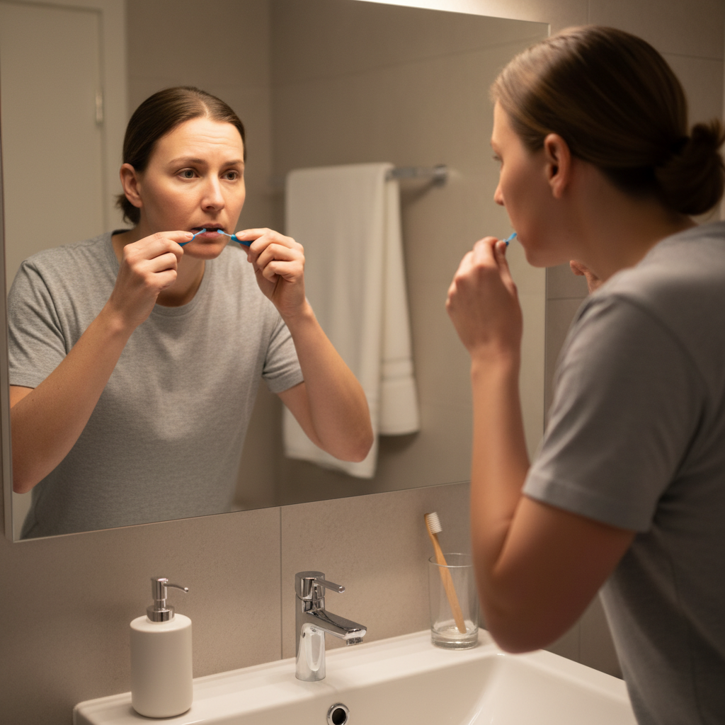 Adult performing careful oral hygiene with floss in front of a bathroom mirror