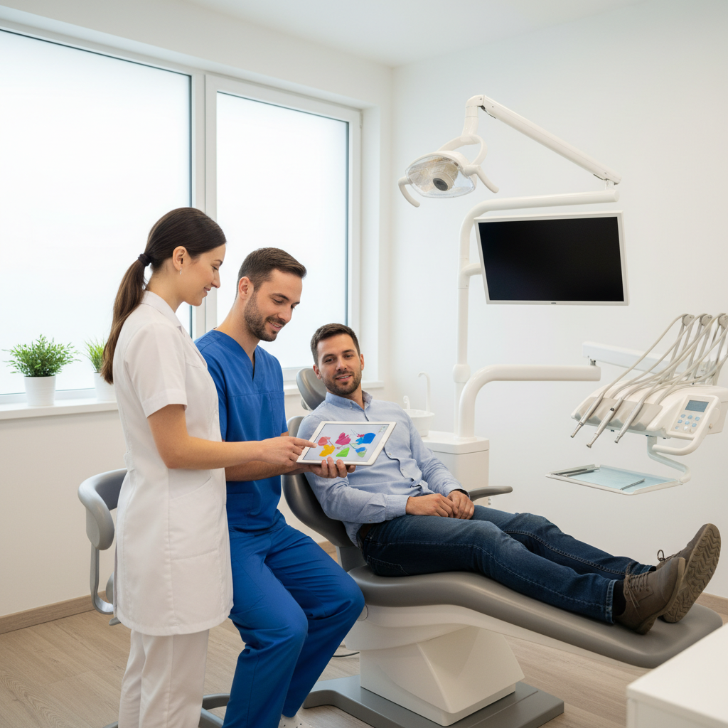 Dentist and dental hygienist discussing a treatment plan with a seated patient in a modern clinic