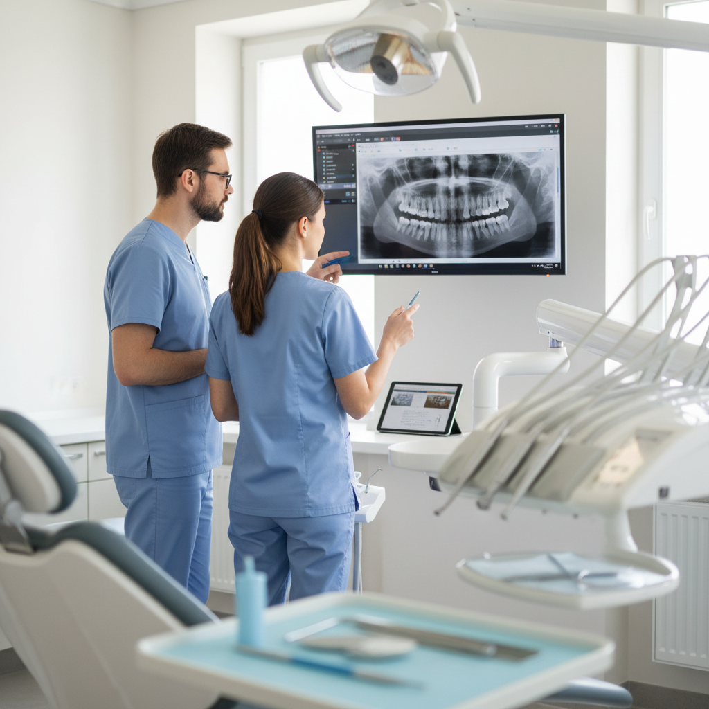 Dentist and dental hygienist reviewing x-rays and a patient chart together in a bright dental operatory