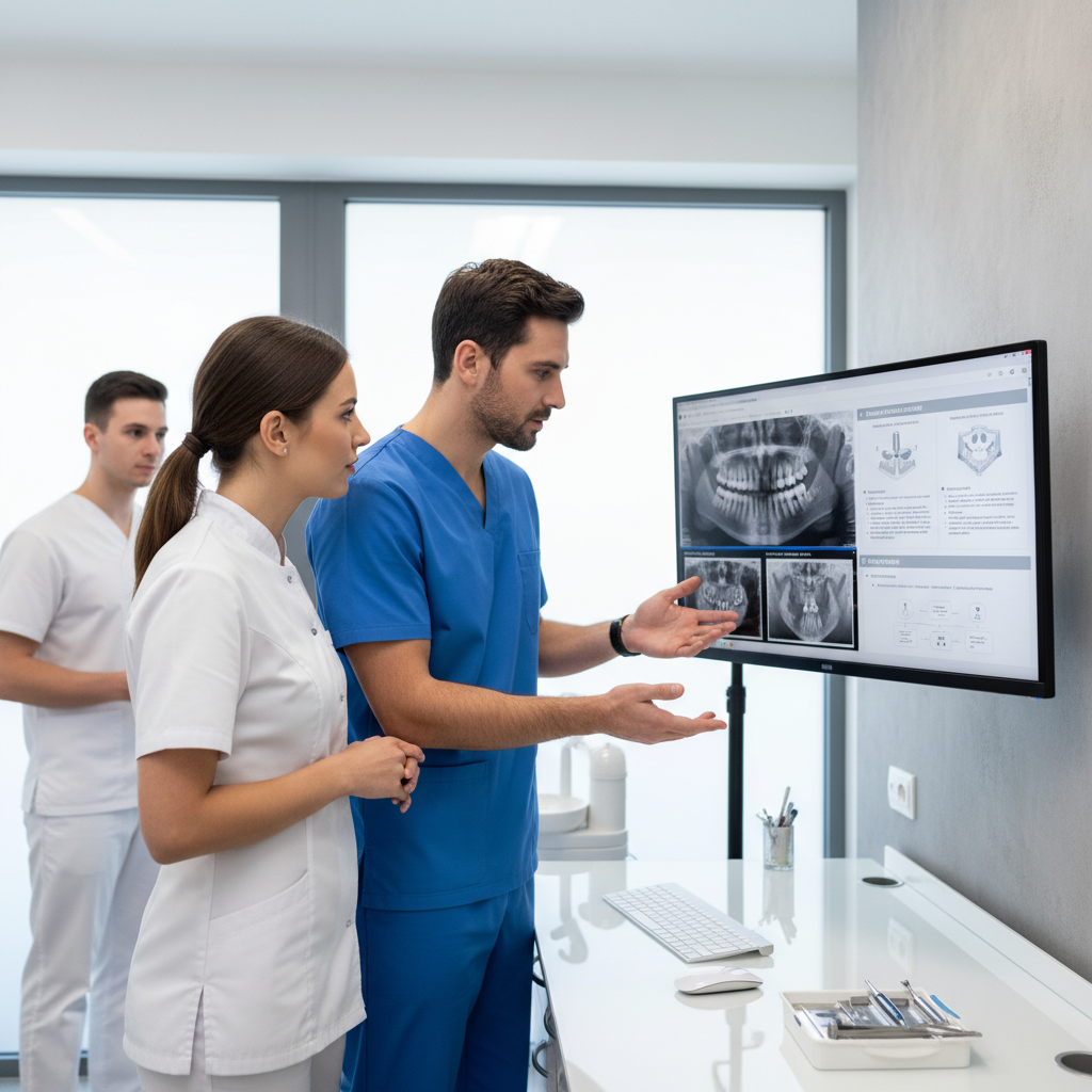 Dental team including dentist and hygienist collaborating around a computer with dental scans