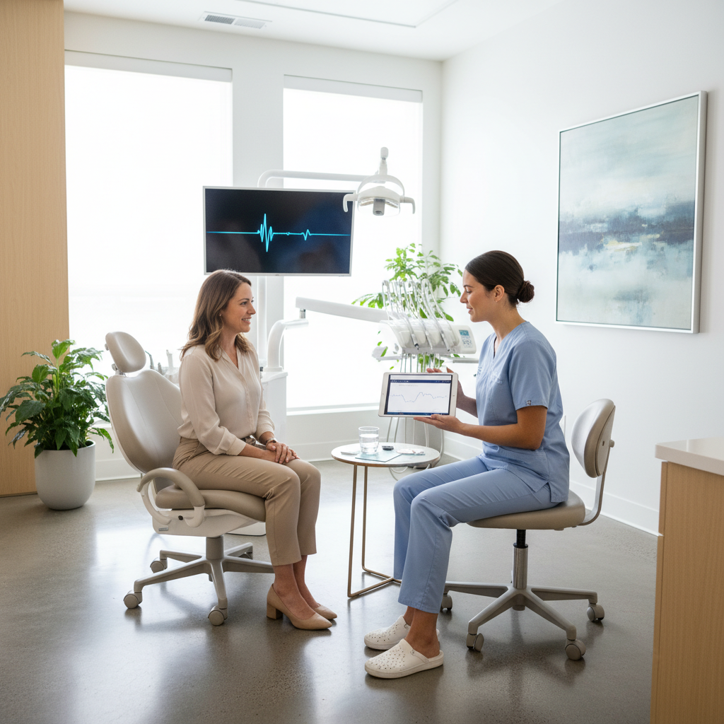Dentist discussing crown material options with a patient in a modern dental clinic