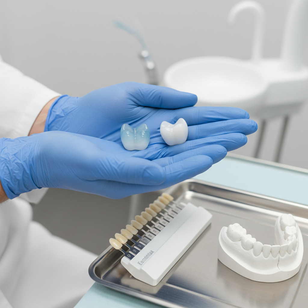Dentist holding two ceramic crowns beside a tooth shade guide and model