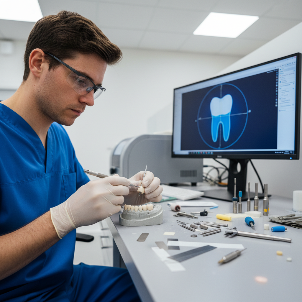Dentist adjusting a dental crown on a stone model using CAD CAM tools