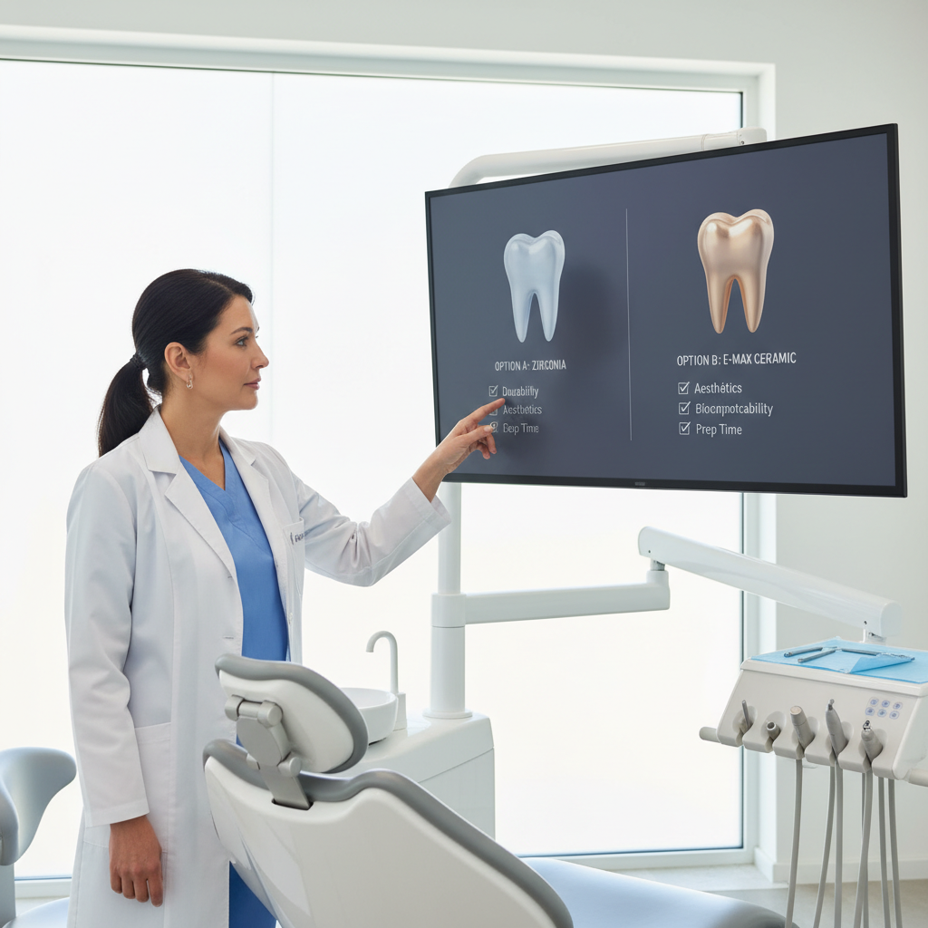 Dentist reviewing two crown options on a digital screen next to a checklist