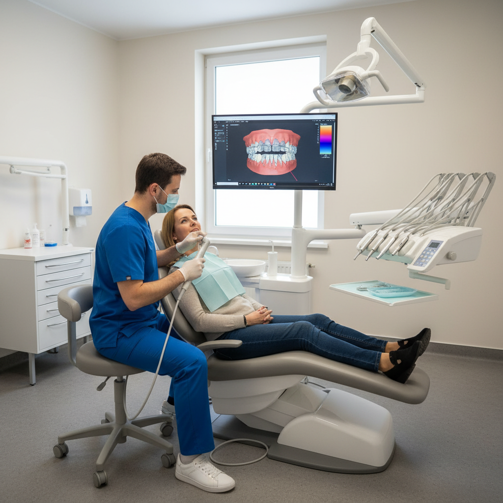Dentist capturing digital records with an intraoral scanner while a screen shows an occlusal splint design