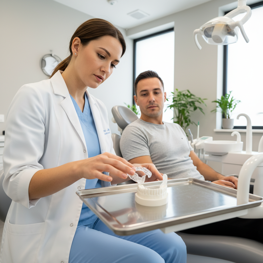 Dentist discussing a clear occlusal splint with an adult patient in a modern dental clinic