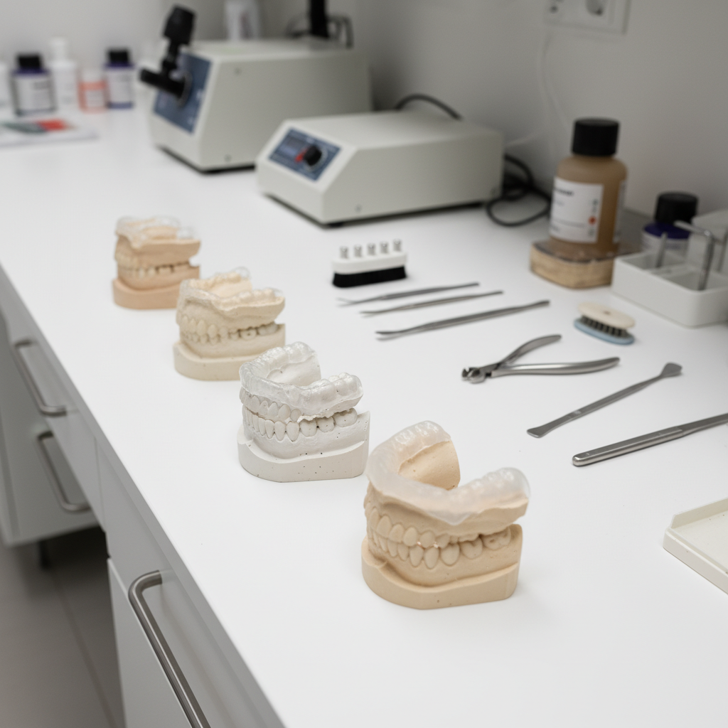 Several clear and nylon occlusal splints on dental models in a generic dental lab