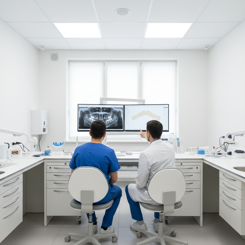 Dental team reviewing a digital full arch implant treatment plan on monitors