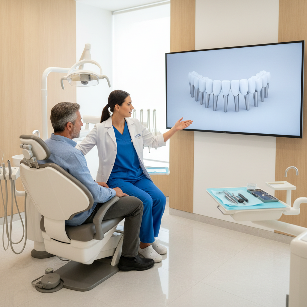 Dentist and patient discussing full arch dental implants in a modern clinic