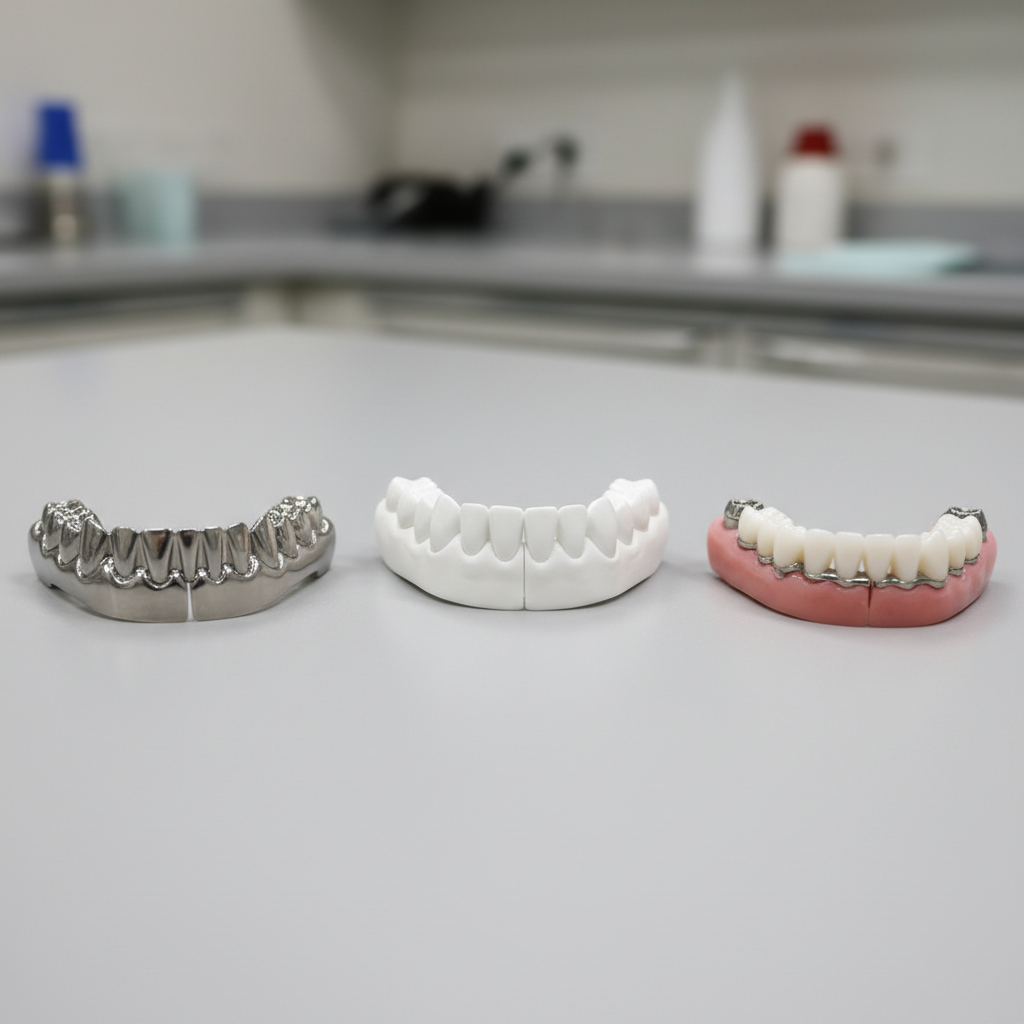 Different full arch implant prosthesis designs on a dental lab work surface
