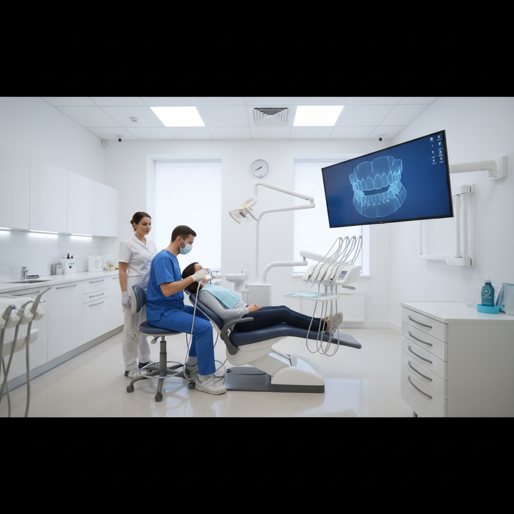 Dentist using an intraoral scanner while a monitor displays a digital model of both arches