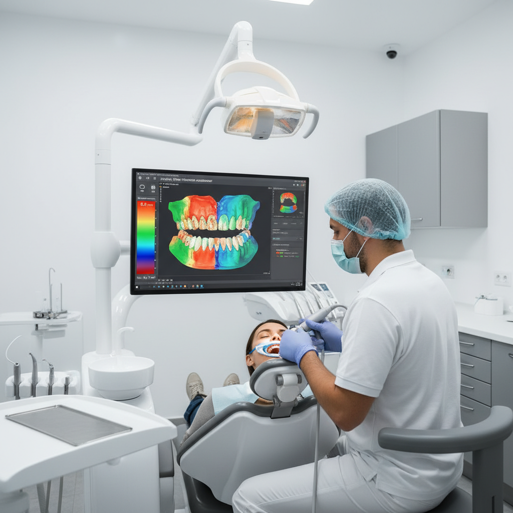 Dentist checking a colour-coded clearance map on a monitor for zirconia crown thickness