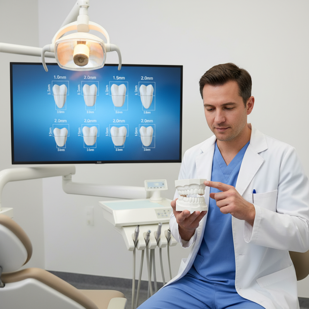 Dentist explaining zirconia crown thickness on a dental model with digital crowns on screen
