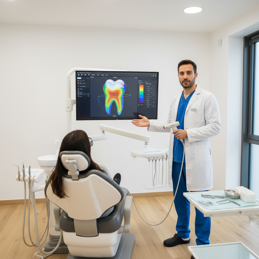 Dentist reviewing zirconia crown thickness design on an intraoral scanner monitor