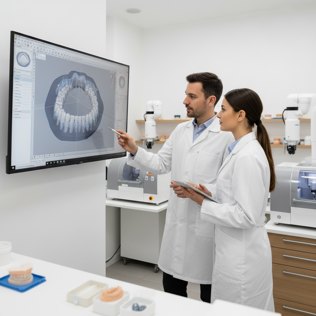Dental technicians in a digital lab reviewing zirconia crown designs on a monitor