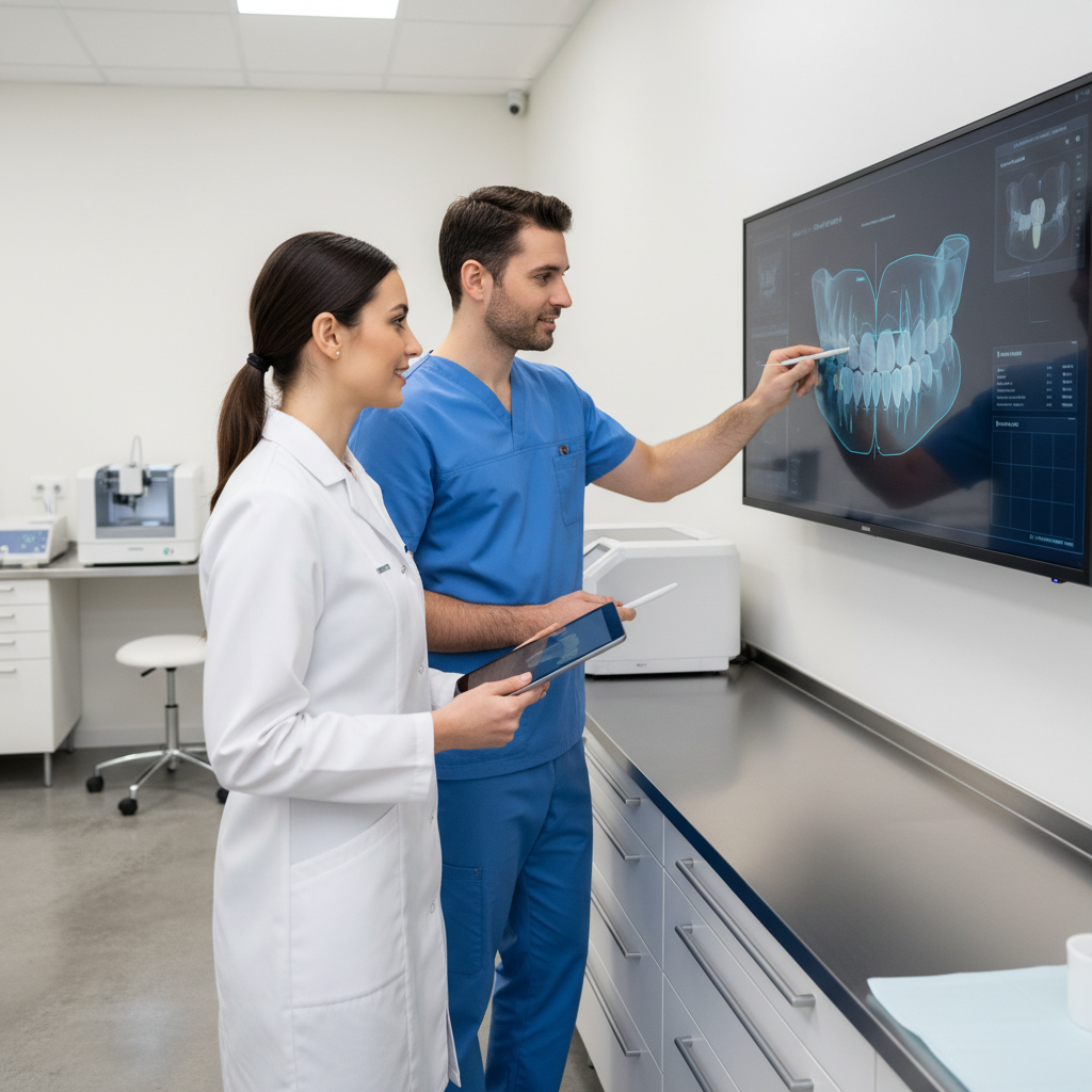 Dentist and dental technician reviewing digital implant crown planning on a screen