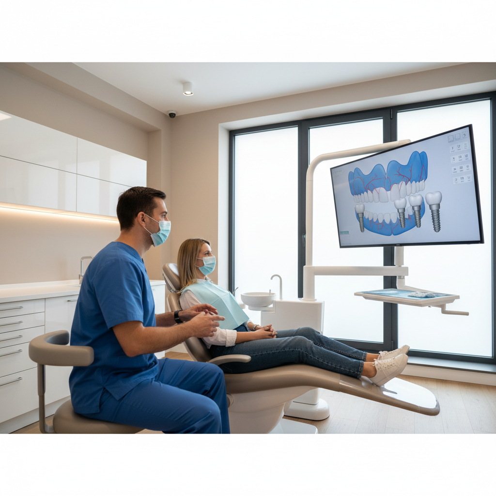 Dentist and patient reviewing 3D dental implant planning on a monitor