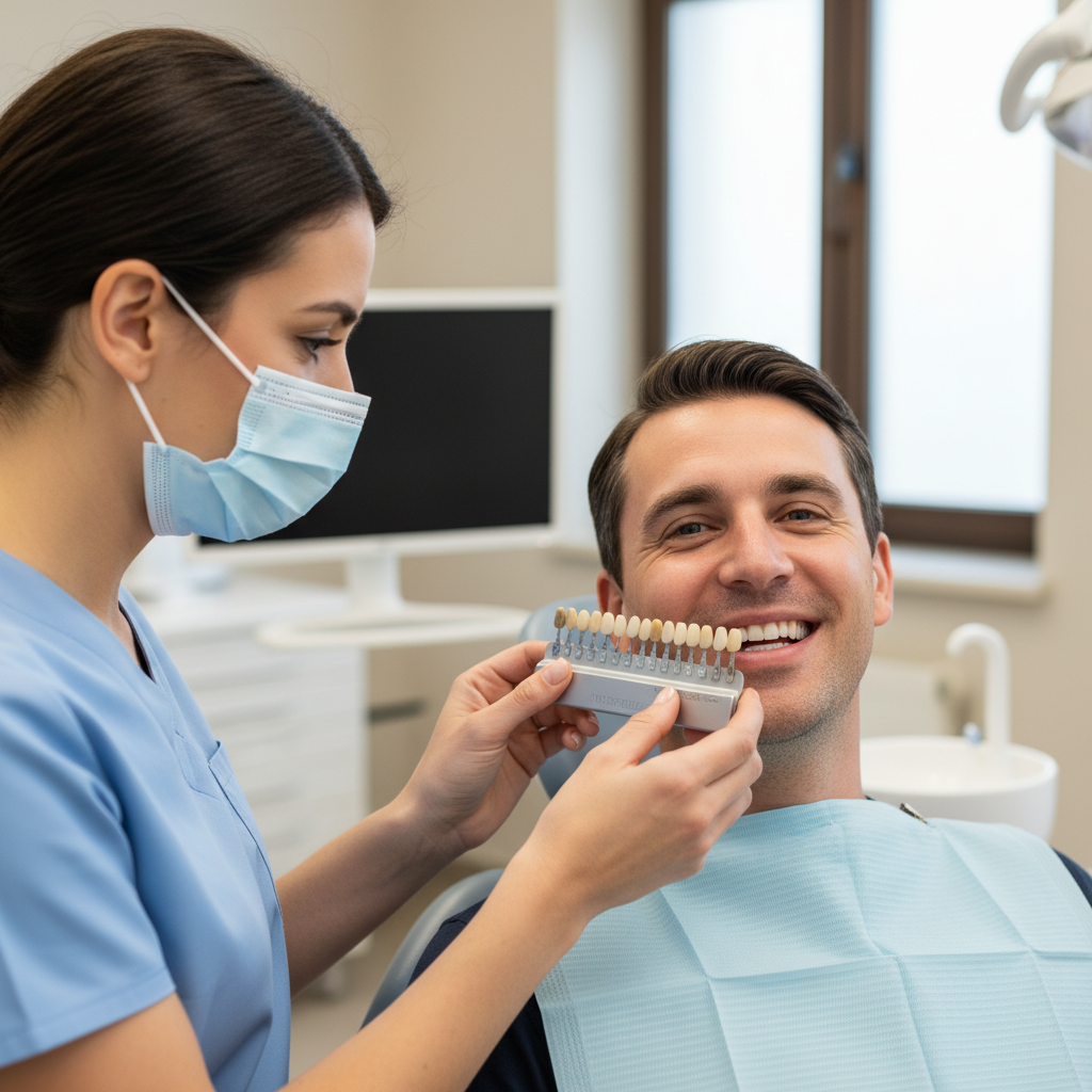 Dentist using a shade guide to match the color of a patient’s anterior teeth