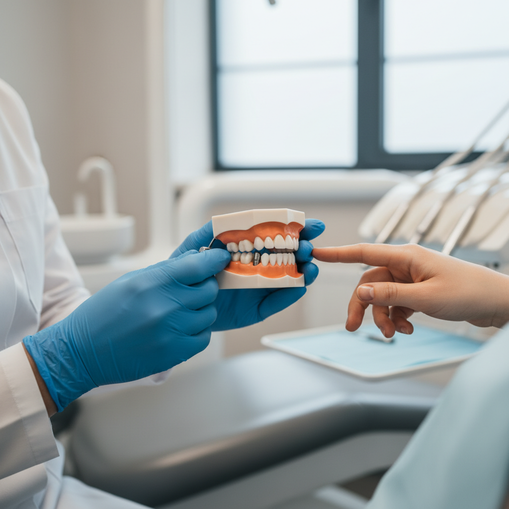 Dentist showing a dental model with posterior implant crowns to a patient