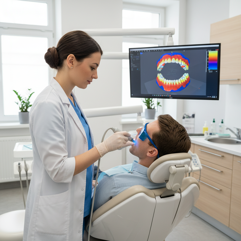 Dentist using an intraoral scanner on a patient with a 3D dental scan visible on a monitor