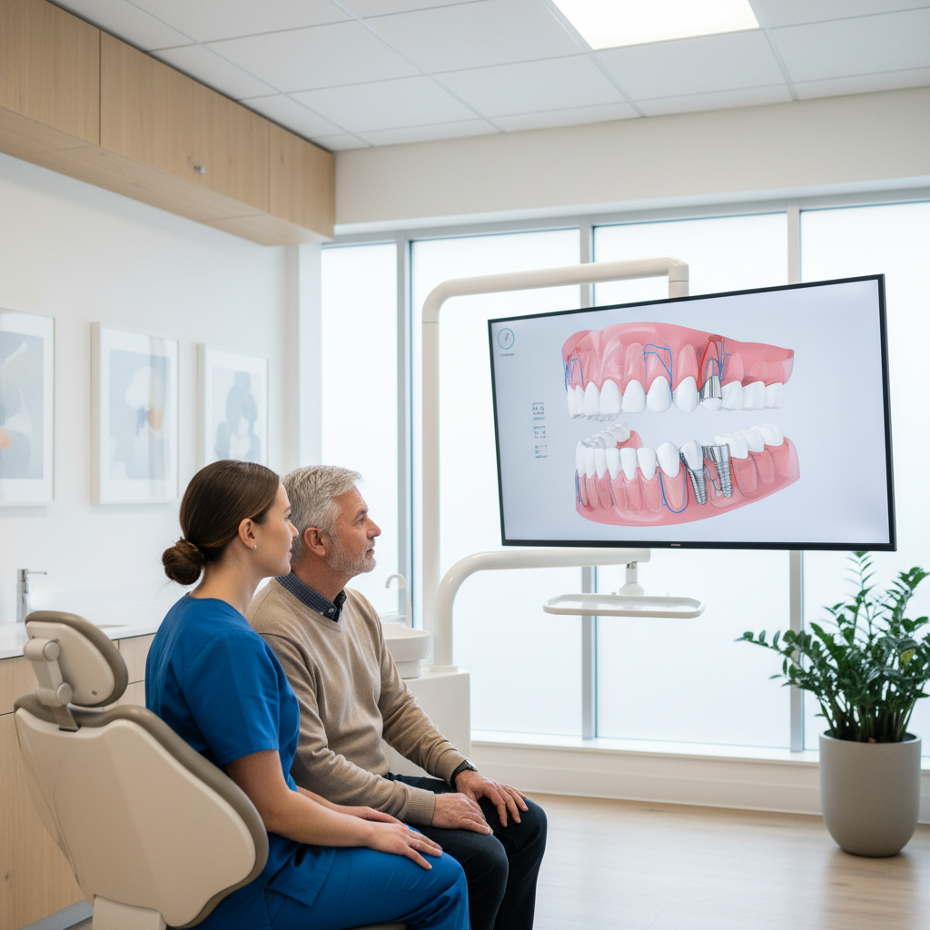 Dentist and older patient reviewing a digital denture and implant plan on a monitor