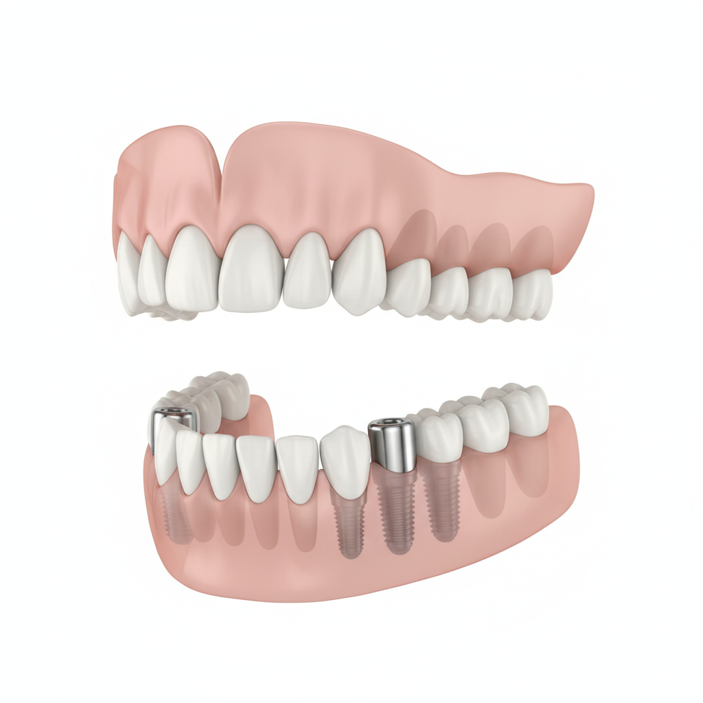Illustration of a lower jaw with dental implants supporting an implant-retained overdenture