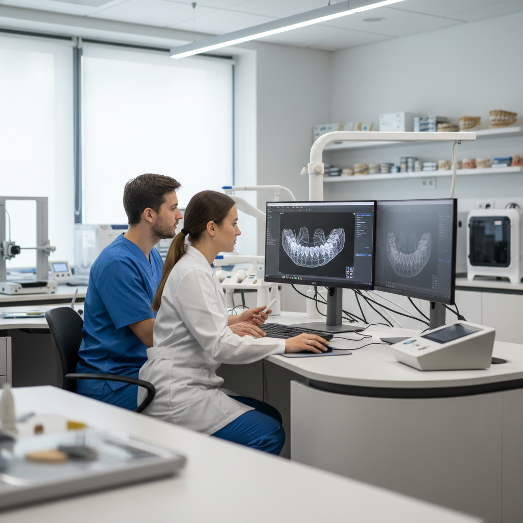 Dentist and dental lab technician collaborating at a computer on digital prosthesis designs