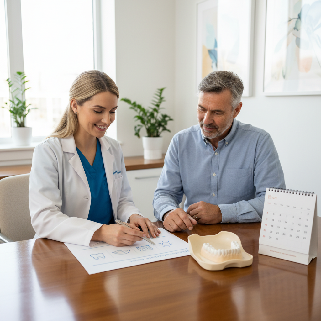 Dentist explaining a staged full mouth extraction with immediate dentures plan to a patient at a desk