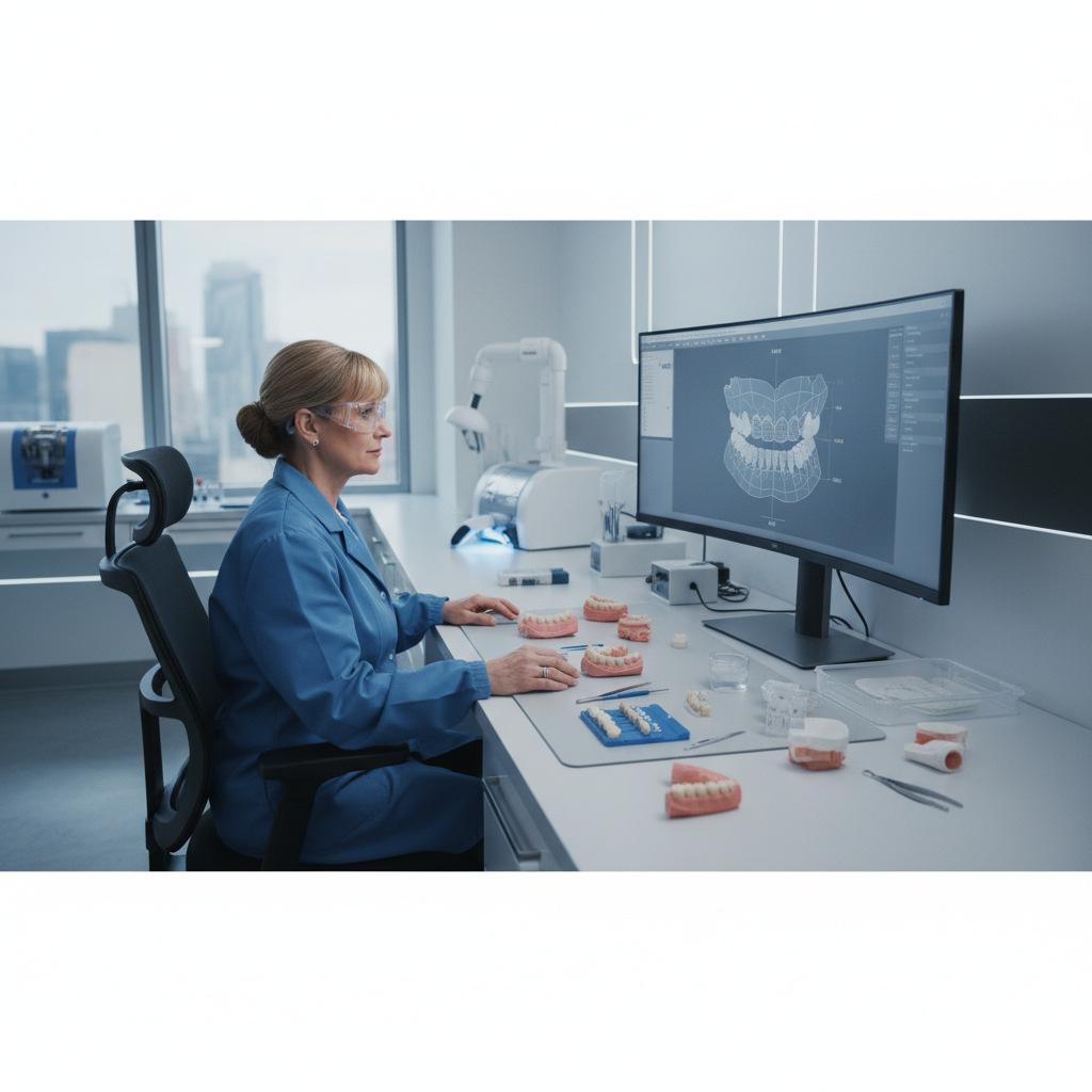 Dental technician working in a lab on digital full mouth dentures with a 3D model on a computer screen