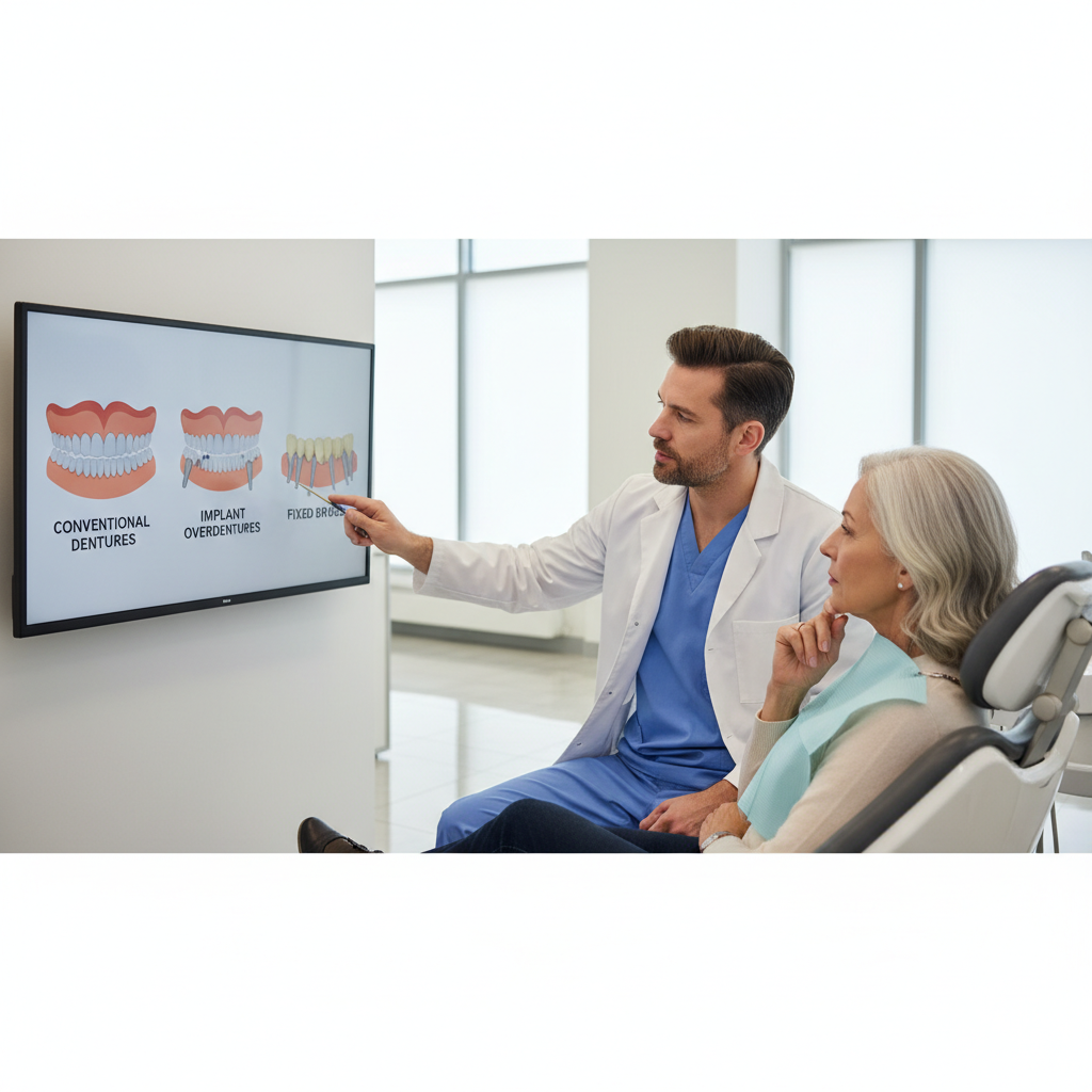 Dentist and patient reviewing different full mouth dentures and implant options on a screen