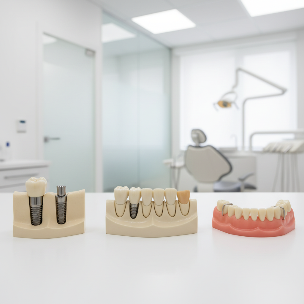 Dental models representing implant crowns, bridges, and dentures as permanent teeth replacement options
