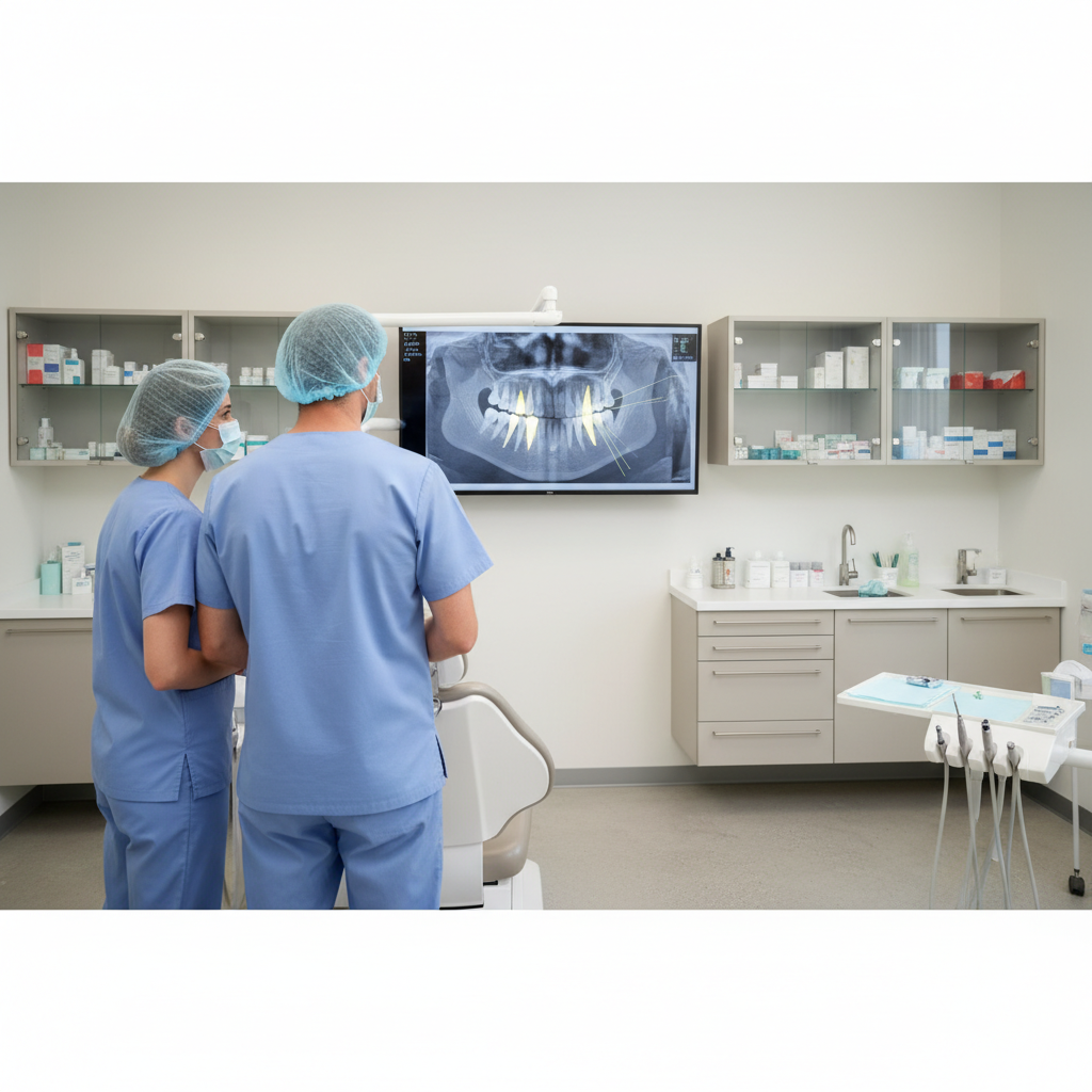 Dentist and assistant reviewing a 3D jaw scan for dental implant planning on a monitor