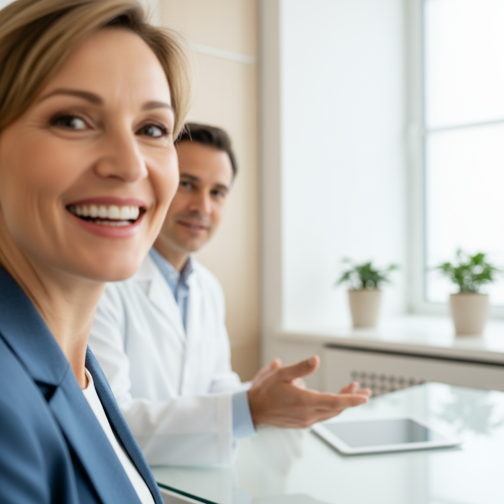 Dentist discussing permanent teeth replacement options and pricing with a smiling middle-aged patient