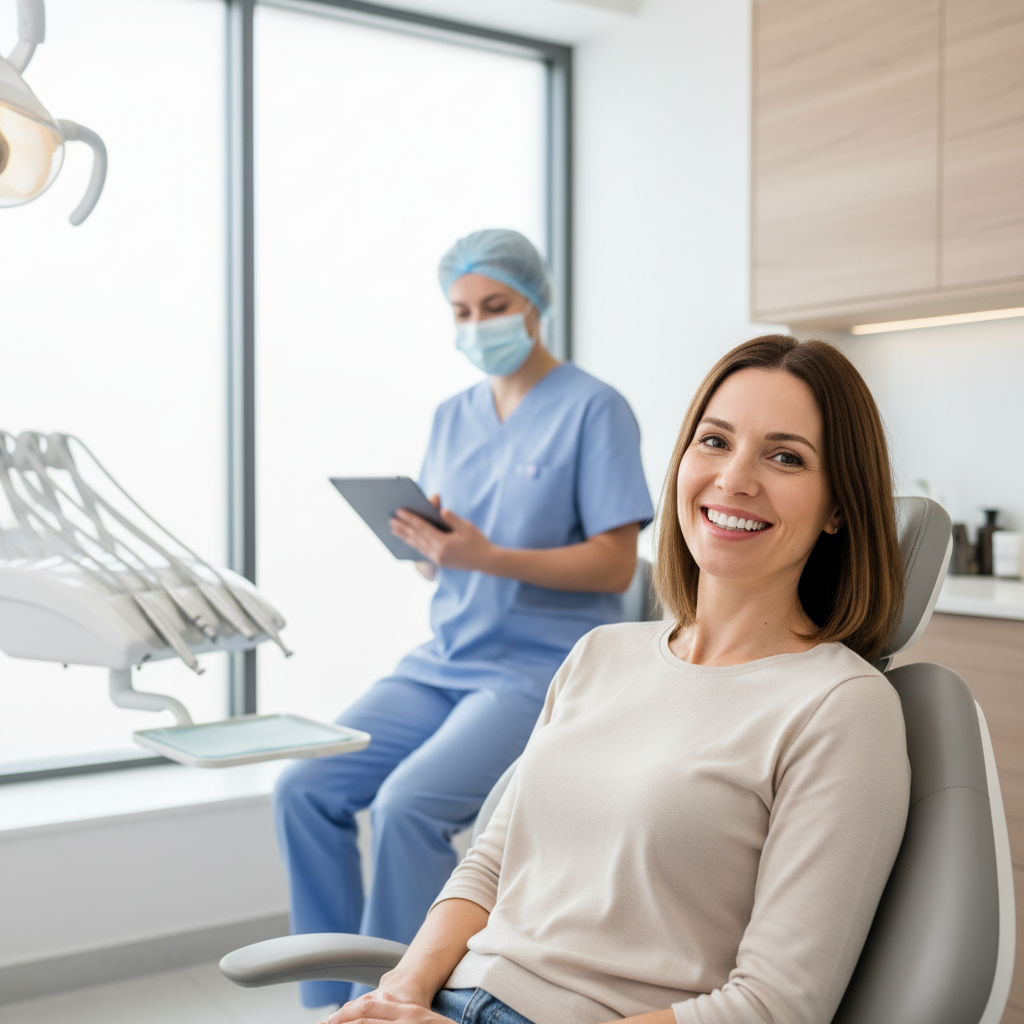 Adult dental patient in a modern clinic smiling after professional teeth whitening