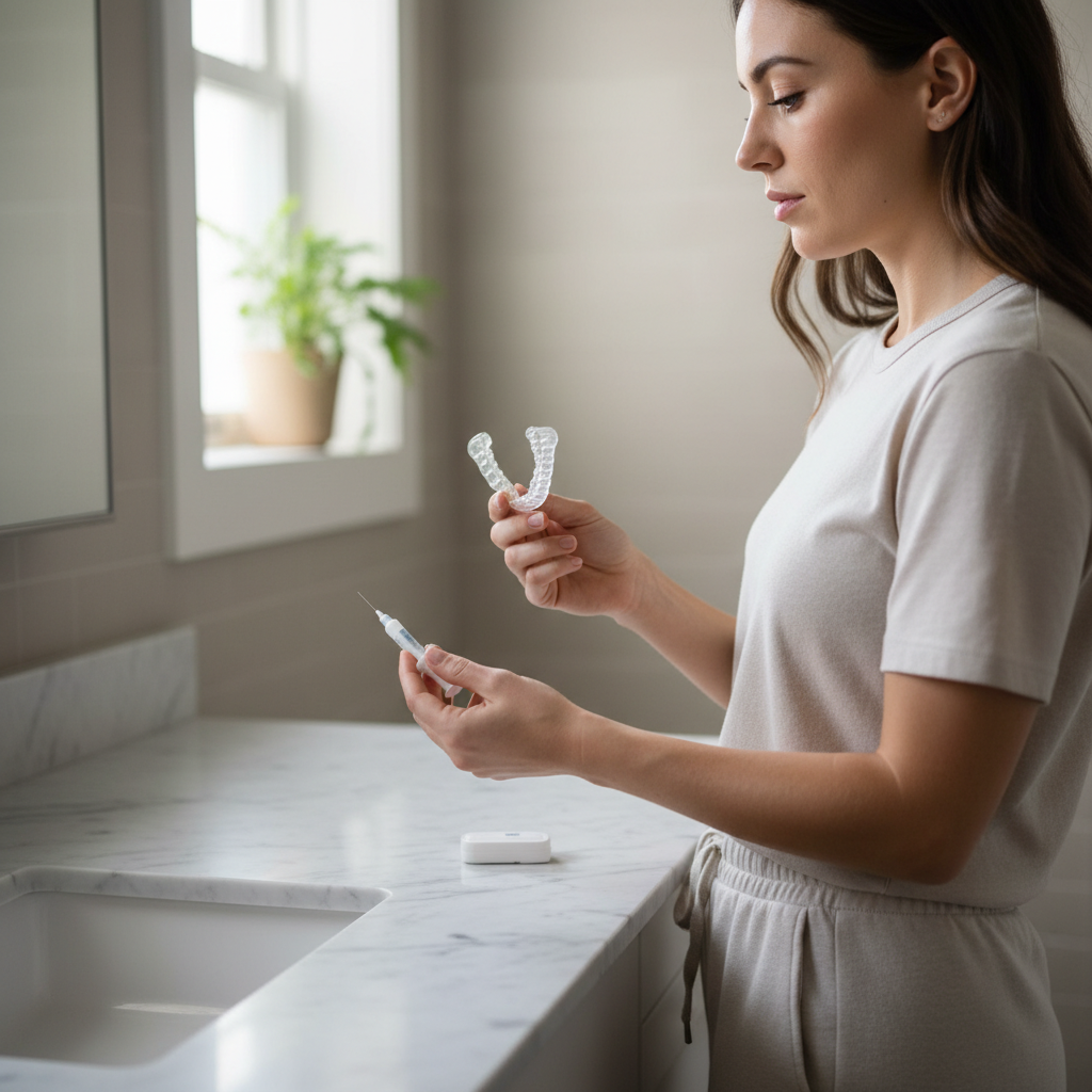 Person at home preparing custom whitening gel trays on a bathroom counter