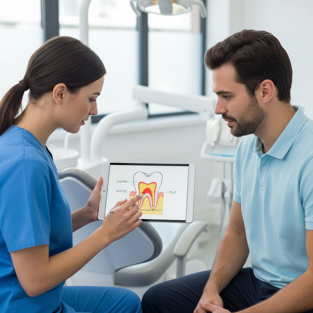 Dentist explaining tooth enamel and whitening on a digital screen to a patient