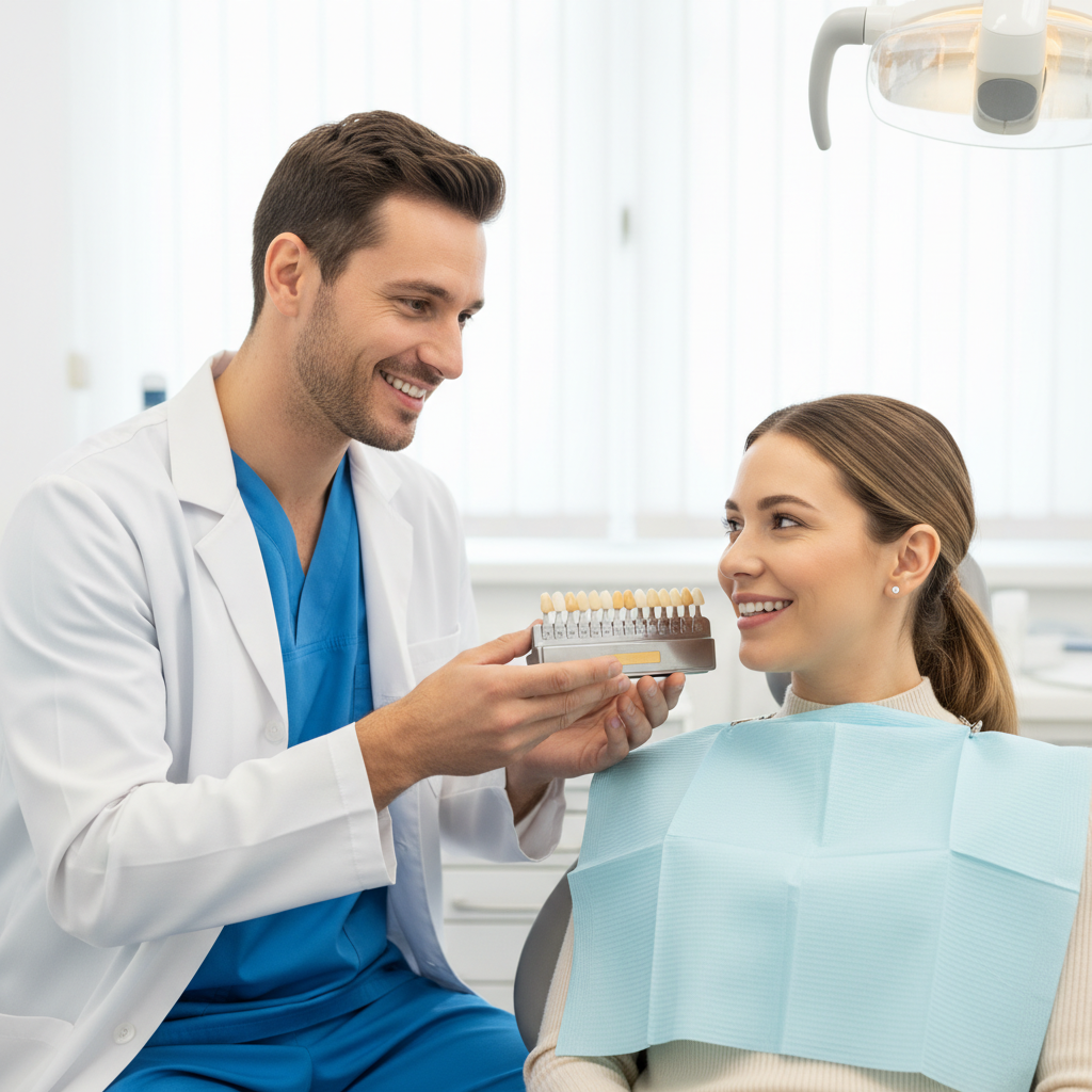 Dentist and patient reviewing tooth shade guide during a cosmetic consultation
