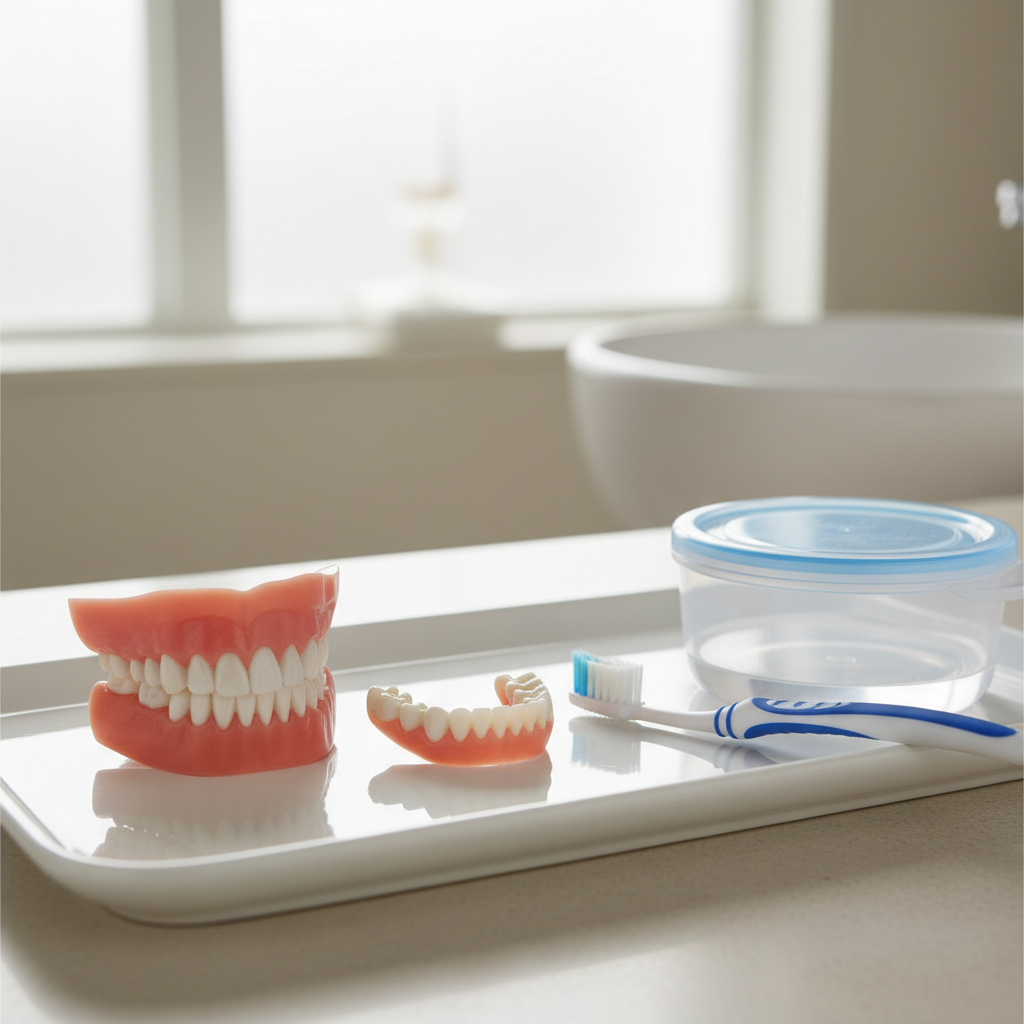 Full and partial dentures on a tray beside a toothbrush and denture bath