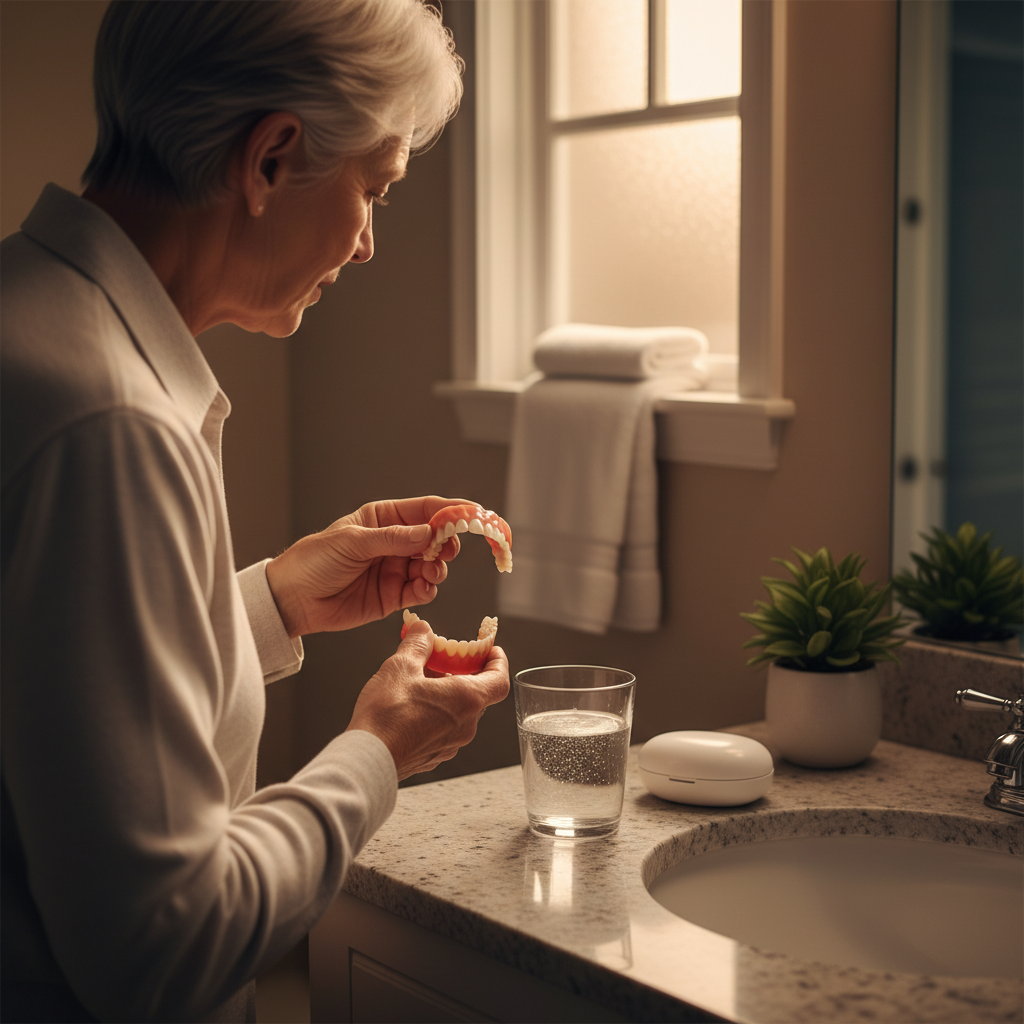 Older adult removing dentures at night beside a bathroom sink