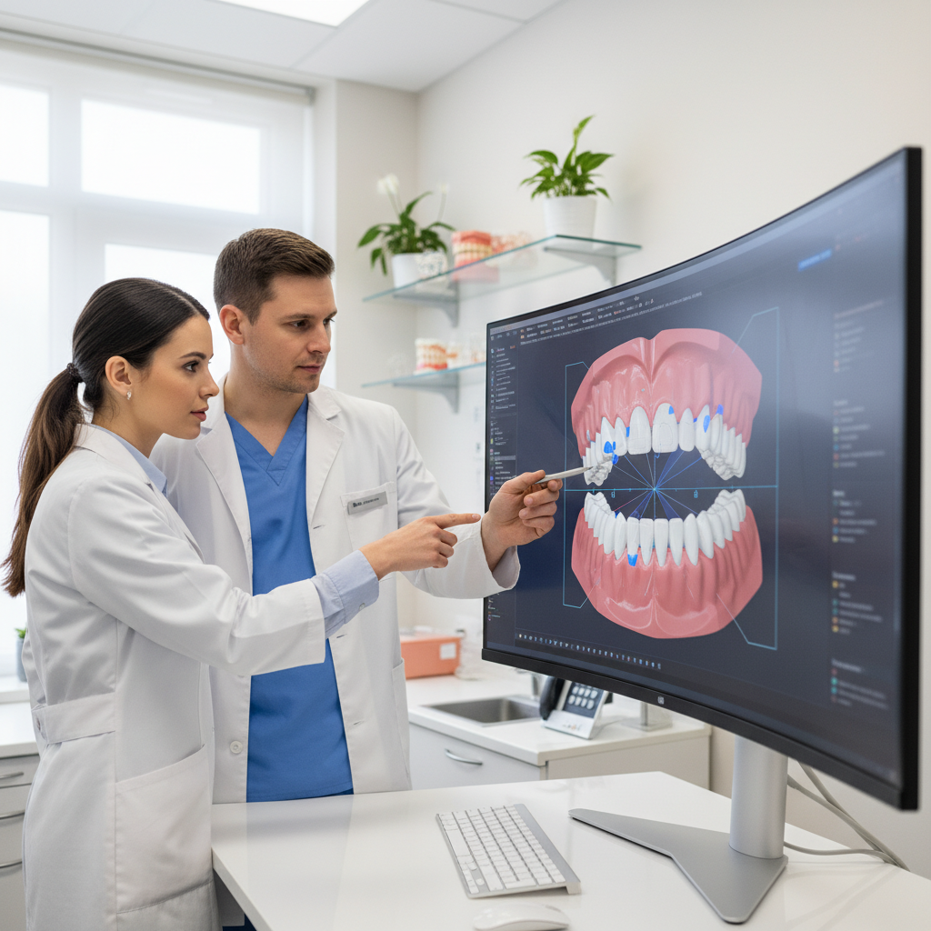 Dental professionals reviewing a 3D digital denture design on a computer screen