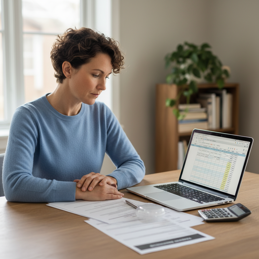 Adult reviewing Invisalign cost with a laptop, calculator and dental quote at a table