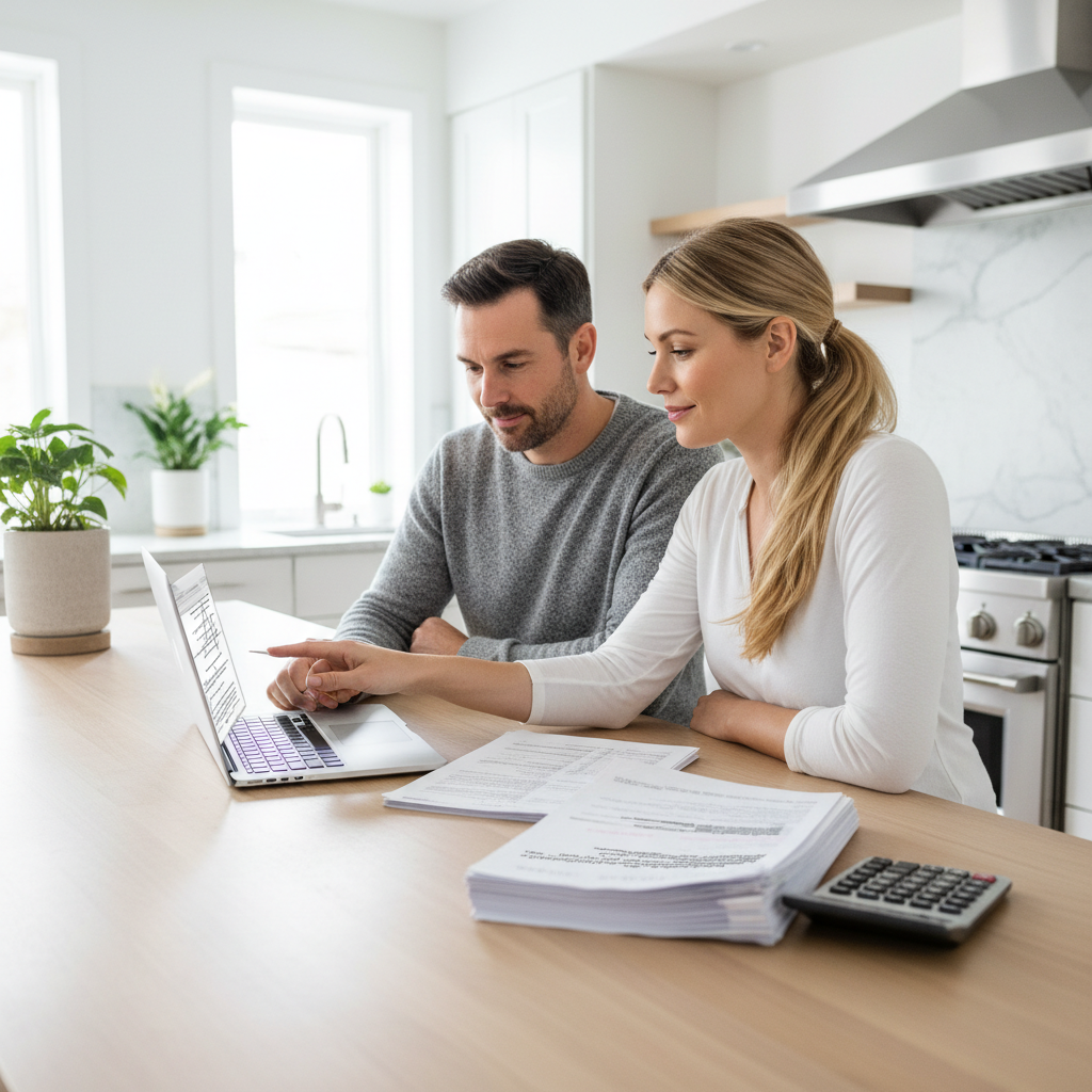 Couple reviewing private health insurance documents and costs on a laptop at home