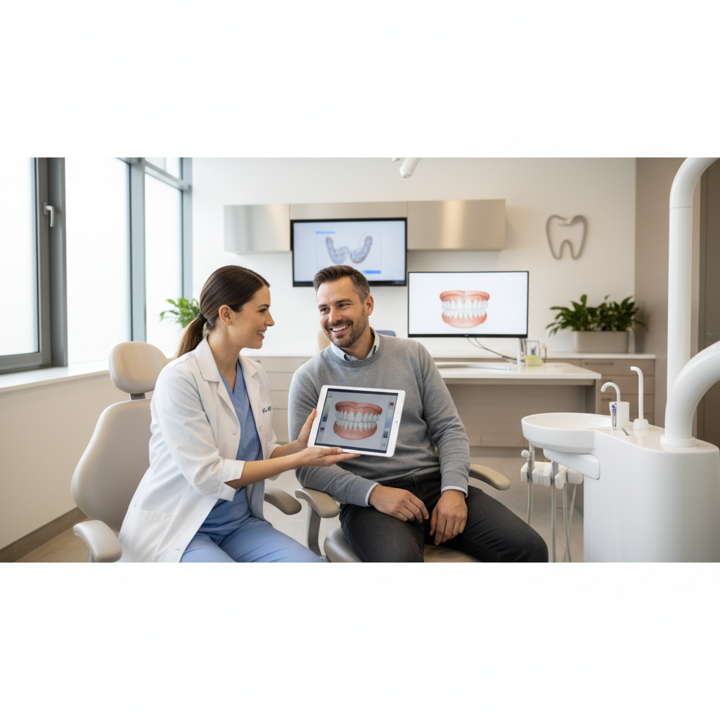 Dentist and adult patient discussing Invisalign treatment options during a consultation in a modern clinic