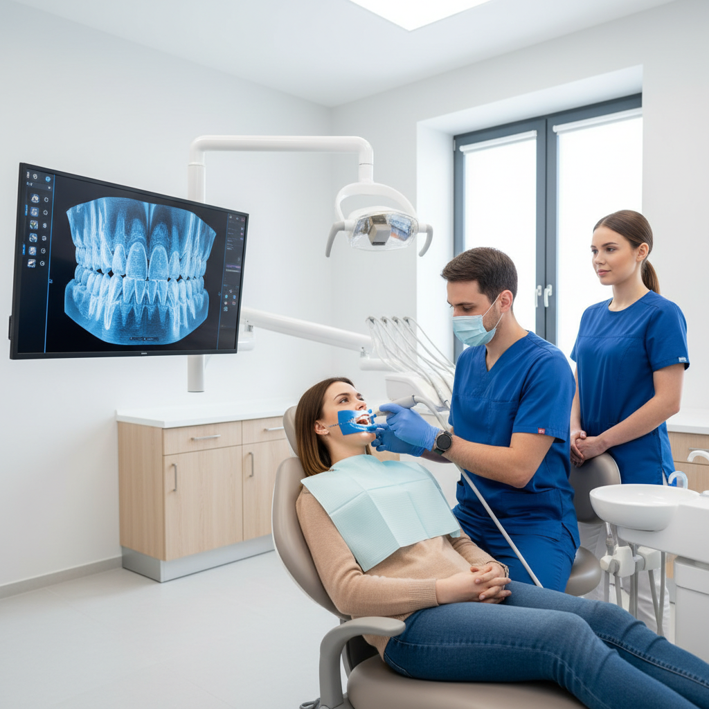 Dentist using a digital intraoral scanner on a patient with a 3D teeth model on a monitor
