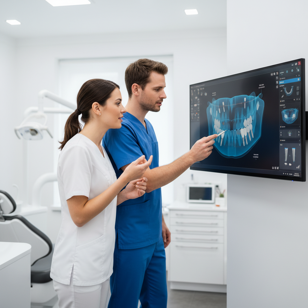 Dental professionals reviewing 3D implant planning software on a computer screen