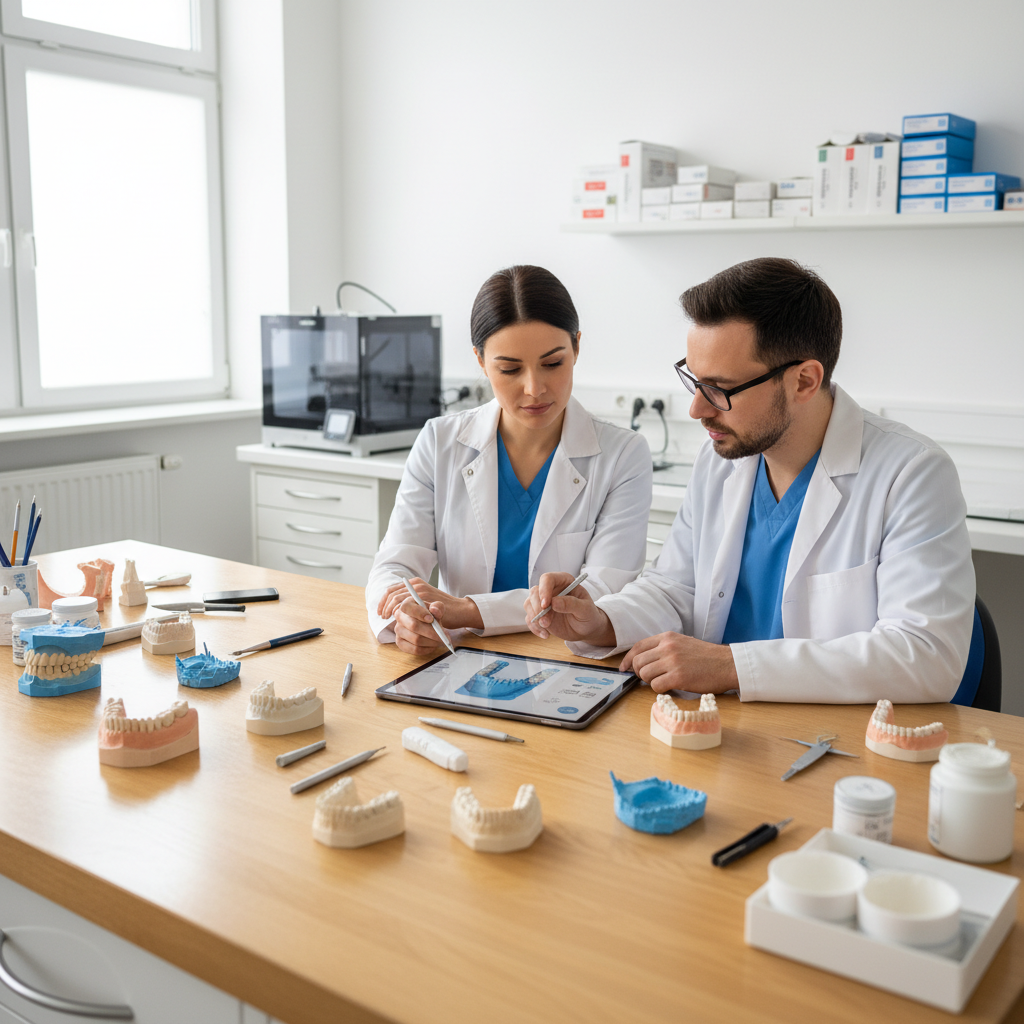 Dentist and dental technician collaborating over digital implant case planning