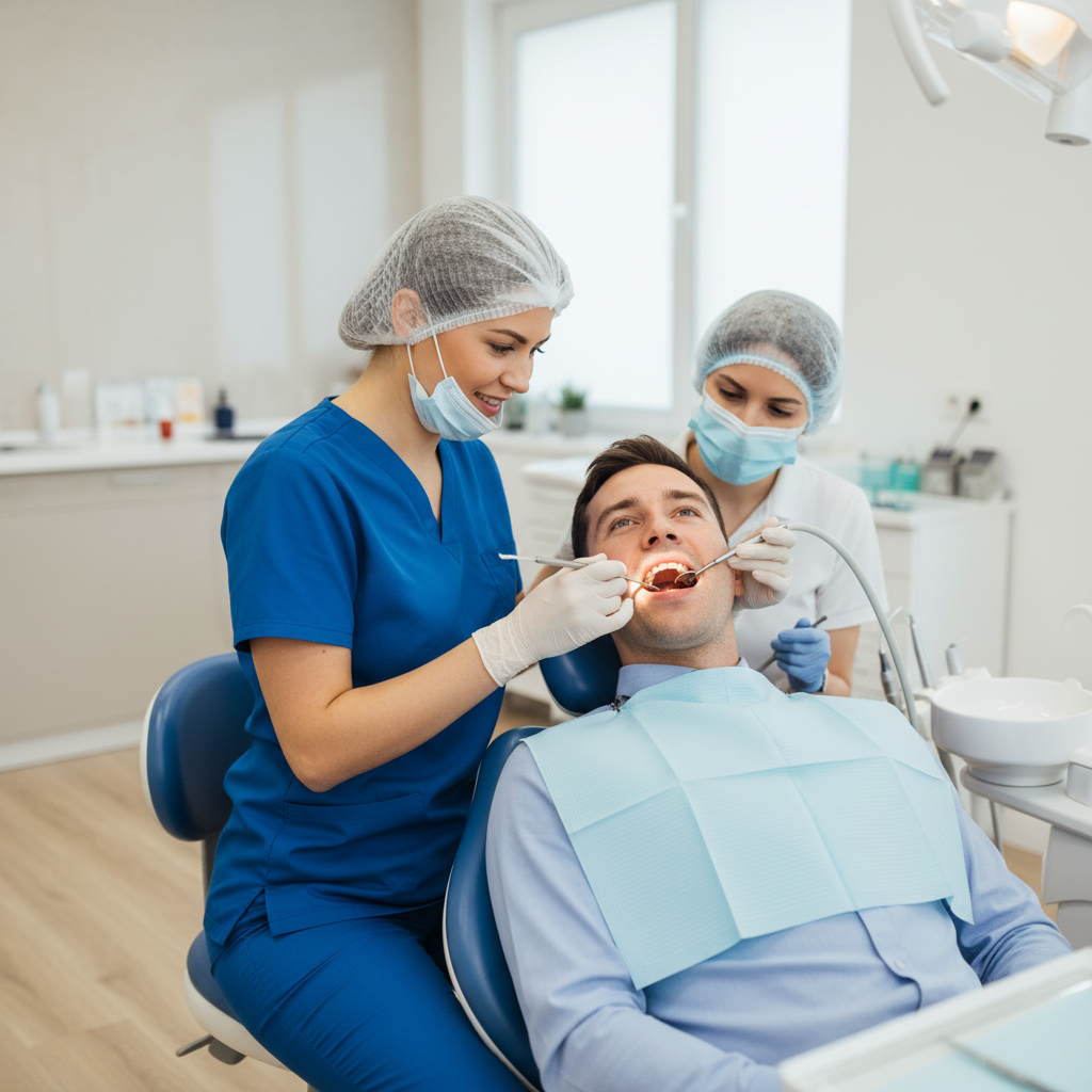 Dentist performing a routine implant check-up on an adult patient