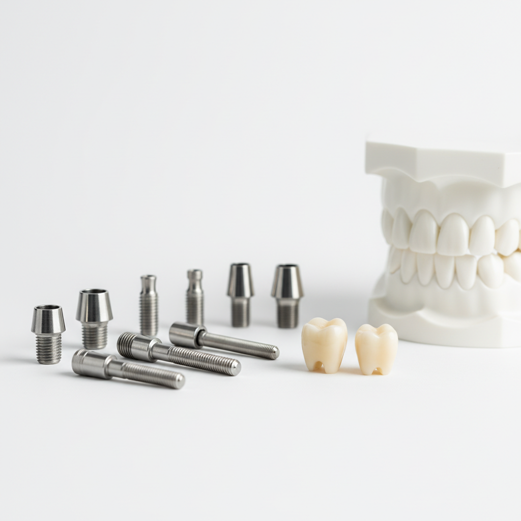 Dental implant fixtures, abutments, and crowns arranged beside a simple jaw model on a white clinical surface.