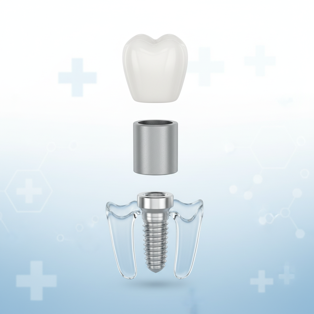 Exploded view of a dental implant system with fixture, abutment, and crown above a jaw model.