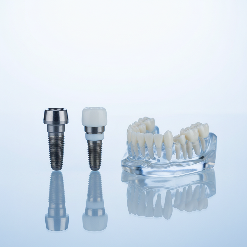 Titanium and zirconia dental implants standing upright beside a jaw model on a reflective surface.